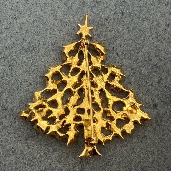 Christmas Pin Brooch Tree Gold Sage Green Enamel Amber Rhinestone Retro Vintage - Picture 3 of 5